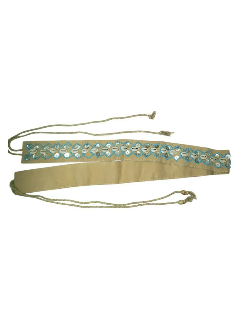 Womens vintage bohemian-style tie belt adorned with natural cowrie shells.